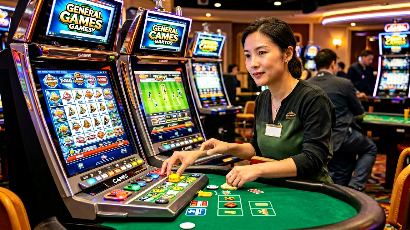 Live dealer table တွင် ဒီလာတစ်ဦးက ကတ်ချောပ်များကို စီစဉ်နေစဉ် နောက်ကွယ်တွင် slot terminal များ ရှုခင်း