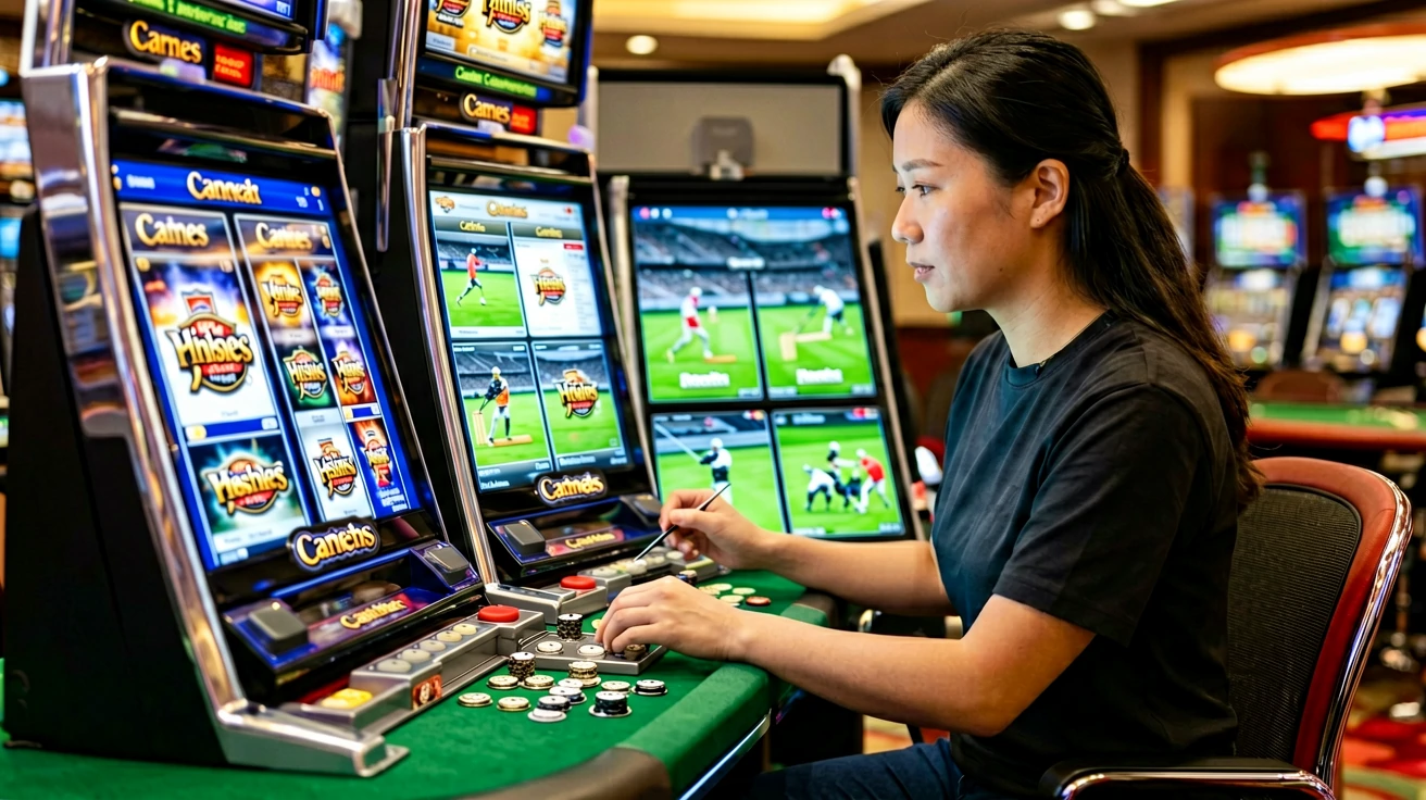 Slot ဂိမ်းစခရင်နှင့် sports ဒစ်ပလေးများကို အနီးကပ်ပြသထားသည့် ဂိမ်းစင်တာ terminal ပုံ
