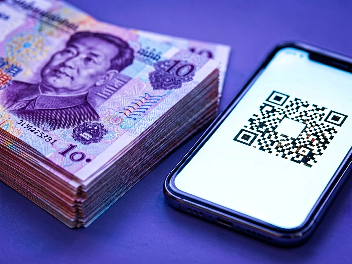 မြန်မာကျပ်ငွေစက္ကူများ ဘေးတွင် အပြာရောင်-ခရမ်းရောင် နူးညံ့သော အလင်းရောင်တောက်ပနေသည့် ဖုန်းဖန်သားပြင်ပေါ်ရှိ QR ကုဒ်ပုံစံ ထောင့်တစ်ထောင့် ပြသထားသည့် ဓာတ်ပုံ