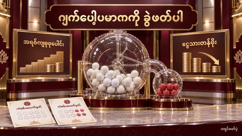 ထီဘောလုံးစက်၊ နမူနာလက်မှတ်နှင့် အရစ်ကျစုစုပေါင်း၊ ငွေသားတန်ဖိုး ဆိုင်းဘုတ်နှစ်ခုပါ မြန်မာစာ သရုပ်ဖော်ပုံ